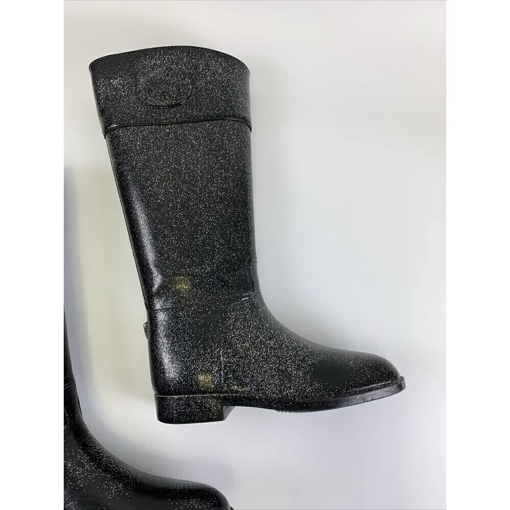 BOGO Hello Kitty Angelina Shimmer Rain Boots Black Glitter Pull On Knee High 6